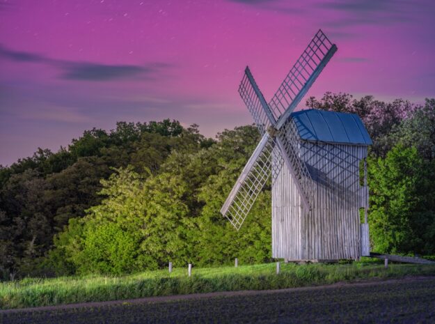 Mill, Night,Shot,Of,Old,Wooden,Windmill,In,Farmland,With,Light